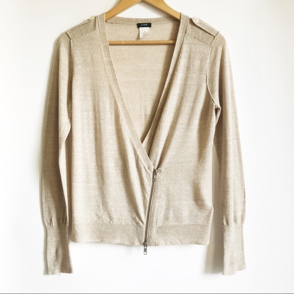 J. Crew Sweaters - J. CREW Marled Beige Moto Zip Linen/Wool Cardigan